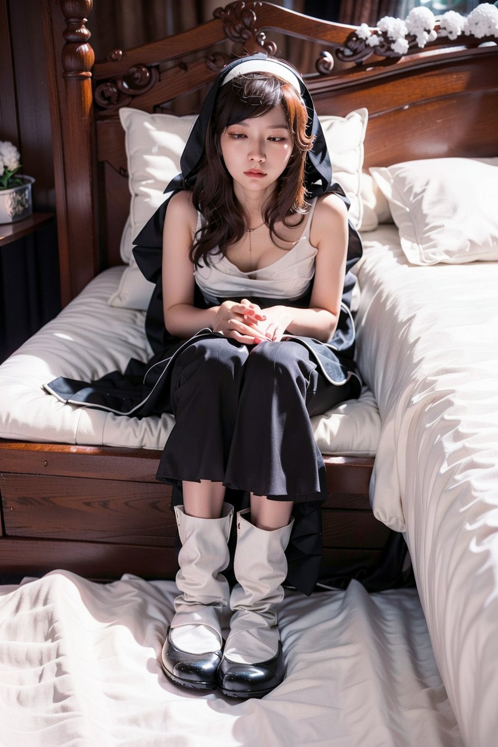 主：(foggy woods),((Full body image)),(((sleeping))),
人：1litte 1kid 7yo gril (Child:1.2),
體：Beautiful girly body proportions,smaller body frame,
髮：(long hair),
服：((Low-cut collarless and sleeveless nun's shawl)),((Sheer sleeveless nun's shawl)),((deep V low neckline)),(((snow boots))),
sleeping, peaceful, dreamy, moonlit night, soft blankets,soft pillow, gentle breeze, serene expression, curled up, tranquil atmosphere, starry sky, comfortable bed, sleeping peacefully, calm surroundings, deep slumber,full body shot,