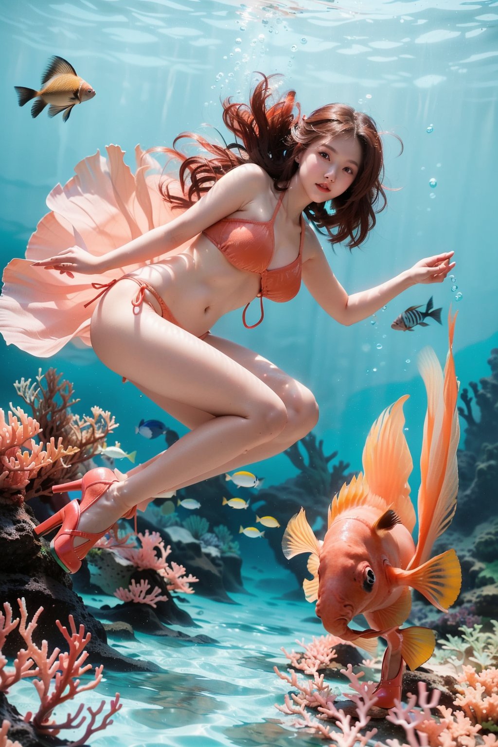 One 18yo beautiful girl, slightly smile ,(wearing colorful bikini and high heel:1.5), over sized eyes, drawn action: (the girl must be diving underwater among coral and tropical fish:1.4), cowboy shot,perfect lighting ,perfect shadow ,,HDR,white skin