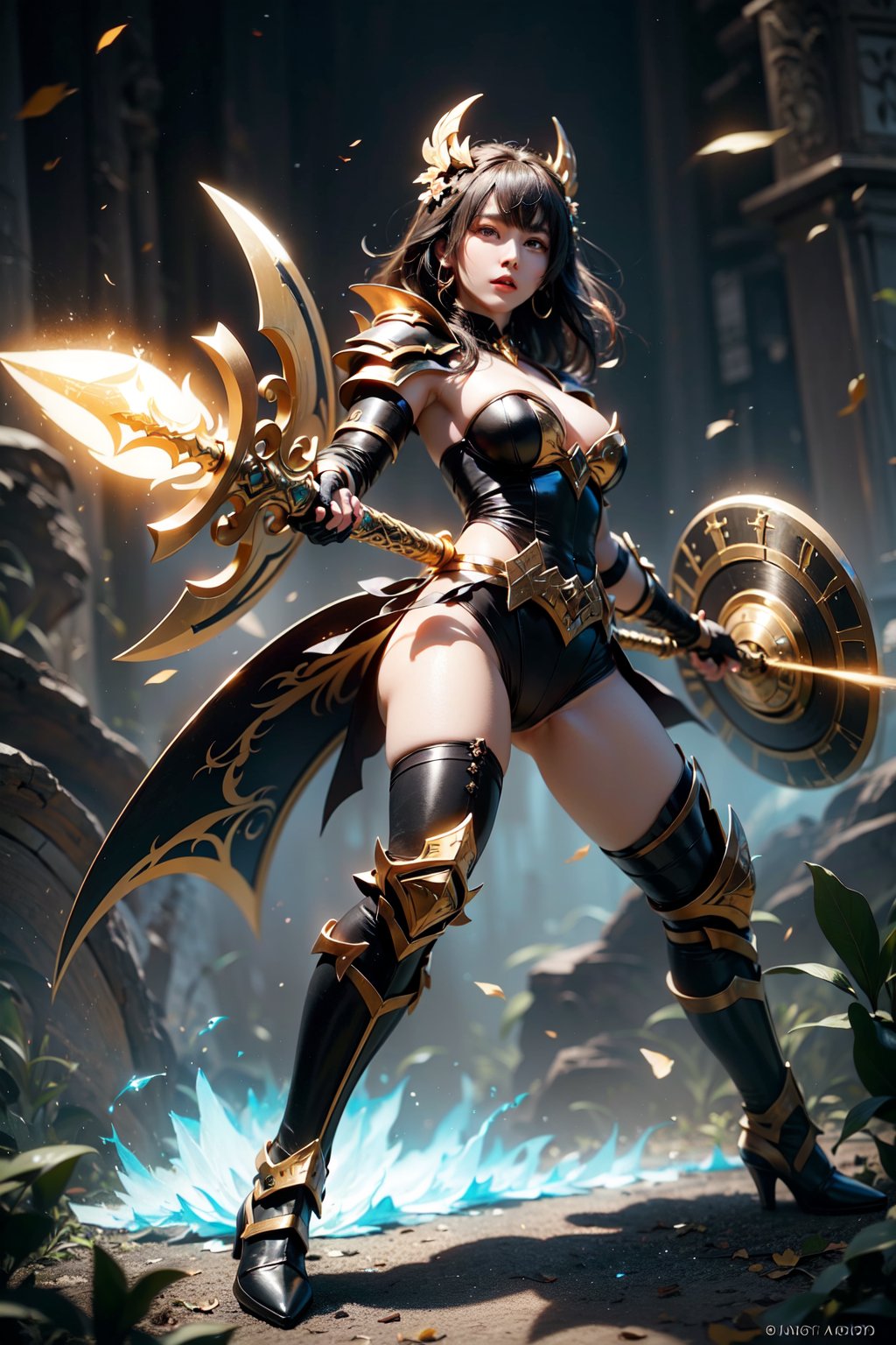 A stunning 20-year-old Korean beauty cosplays as WoW's warrior, donning battered metal armor and boots, her battle-axe aglow with blue energy. She stands tall in combat stance before Stormwind's gate, shield at the ready, amidst a yellow aura that bleeds into an ink-splash effect. A fallen dark green orc lies at her feet, a heroic pose captured in a masterpiece of 8k quality.