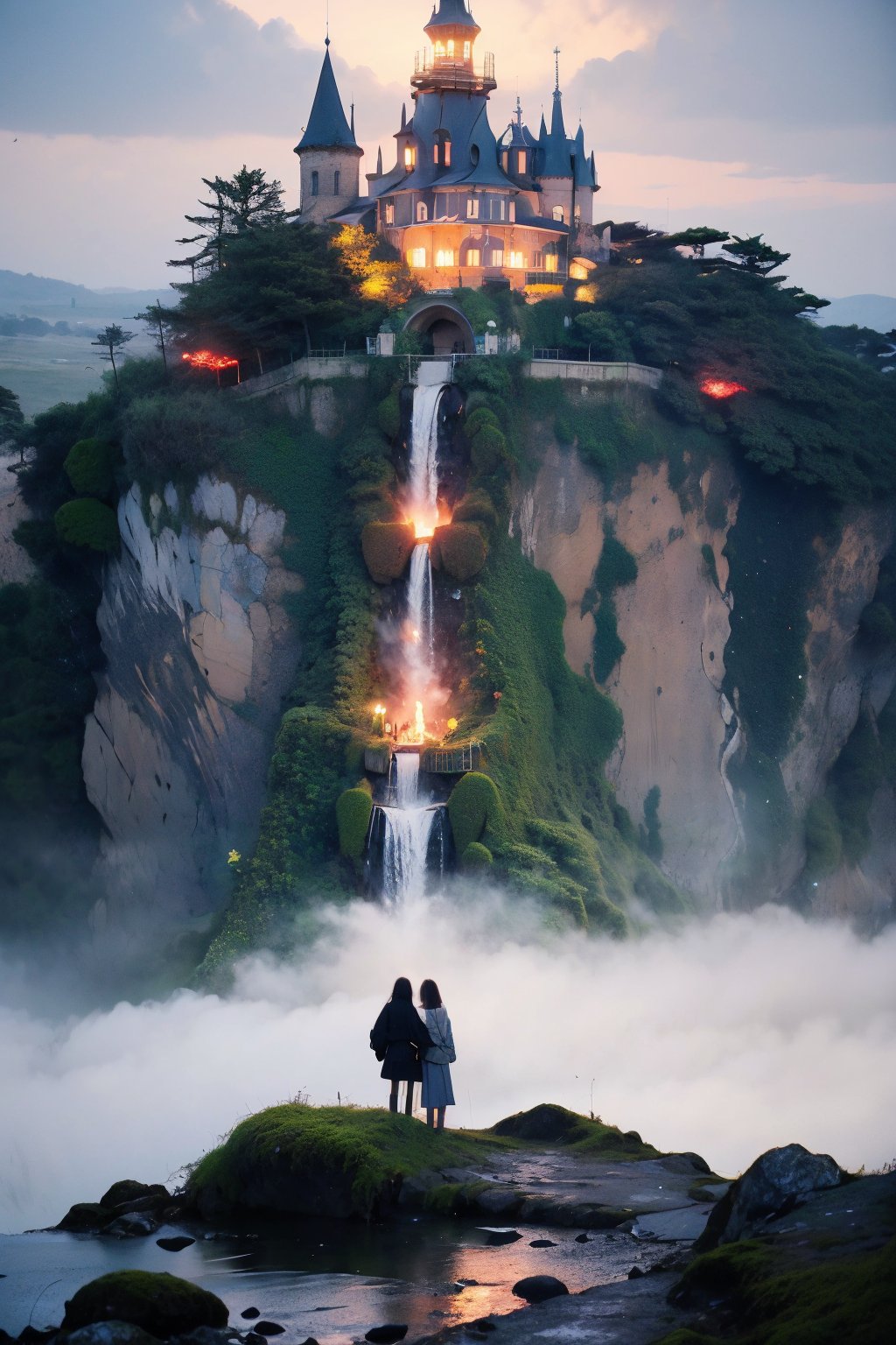 In this ultra-detailed, photorealistic masterpiece, two girls stand at the edge of an eerie path shrouded in dense rocks and fog. (((Blunt bangs))) frame their faces as they gaze up at a mysterious tower emitting an orange beam of light from its windows. The air is heavy with poisonous fog that has twisted plants into grotesque forms, desperate to cling to life amidst the harsh environment. A lavinitia flower, in its final moments, clings to existence among sharp rocks and fog. The scene is bathed in a bright pink glow emanating from the mystical flora.