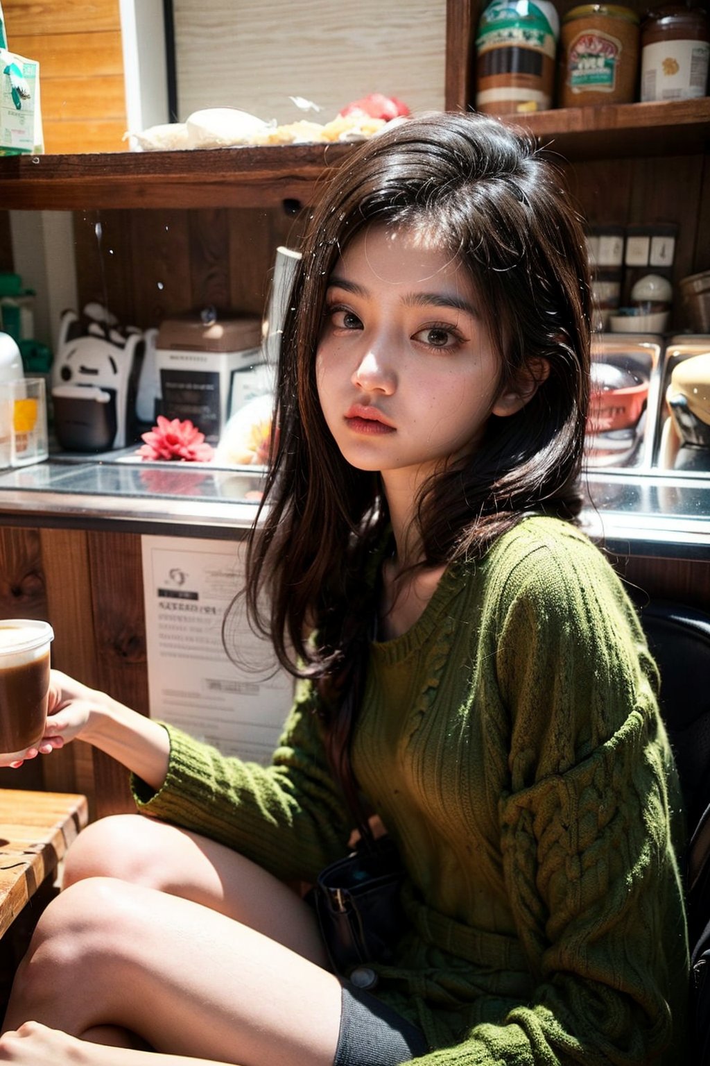 Lovely cute young attractive indian  girl, 15 years old, cute model, long black_hair, black  hair, They are wearing a   green kurta, and she is sit in coffee shop, 