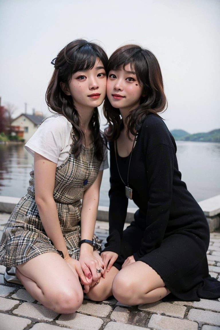  (((2 girls kissing))), (((long hair with blunt bangs))) ,(Beautiful and detailed eyes), (lace dress),
(masterpiece:1.4), (best quality:1.4), super fine illustration,an extremely cute and beautiful girl,highly detailed beautiful face and eyes, cute little girl, sad, (full_body), perfect hands, hide hand, absurdres, highres, ultra detailed, BREAK
((foggy lake background)), ((two high school girls kneeling)), school, most beautiful korean girls, Korean beauty models, idol face, gorgeous girls, 13yo, over sized eyes, big eyes, smiling, looking at viewer,