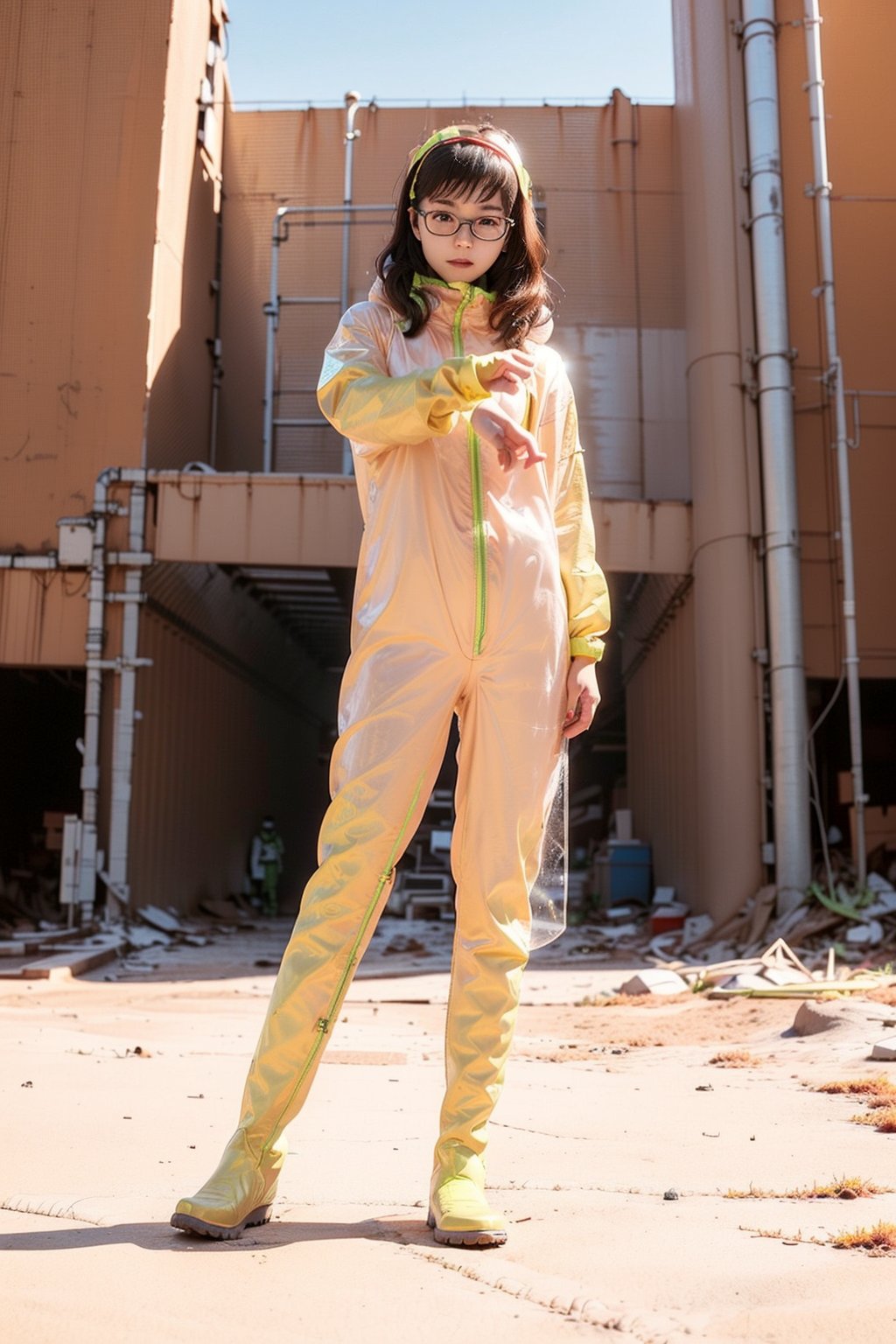 One 18yo beautiful girl, (glasses:1.3) ,slightly smile ,(wearing hazmat suit and boots and hairband:1.5), over sized eyes, drawn action: (the girl must be posing around a barren red earth wasteland with abandoned big factory:1.4),(The wind blows her long hair:1.4), full body shot,perfect lighting ,perfect shadow ,,HDR,white skin,1 girl ,solo,beauty,girl