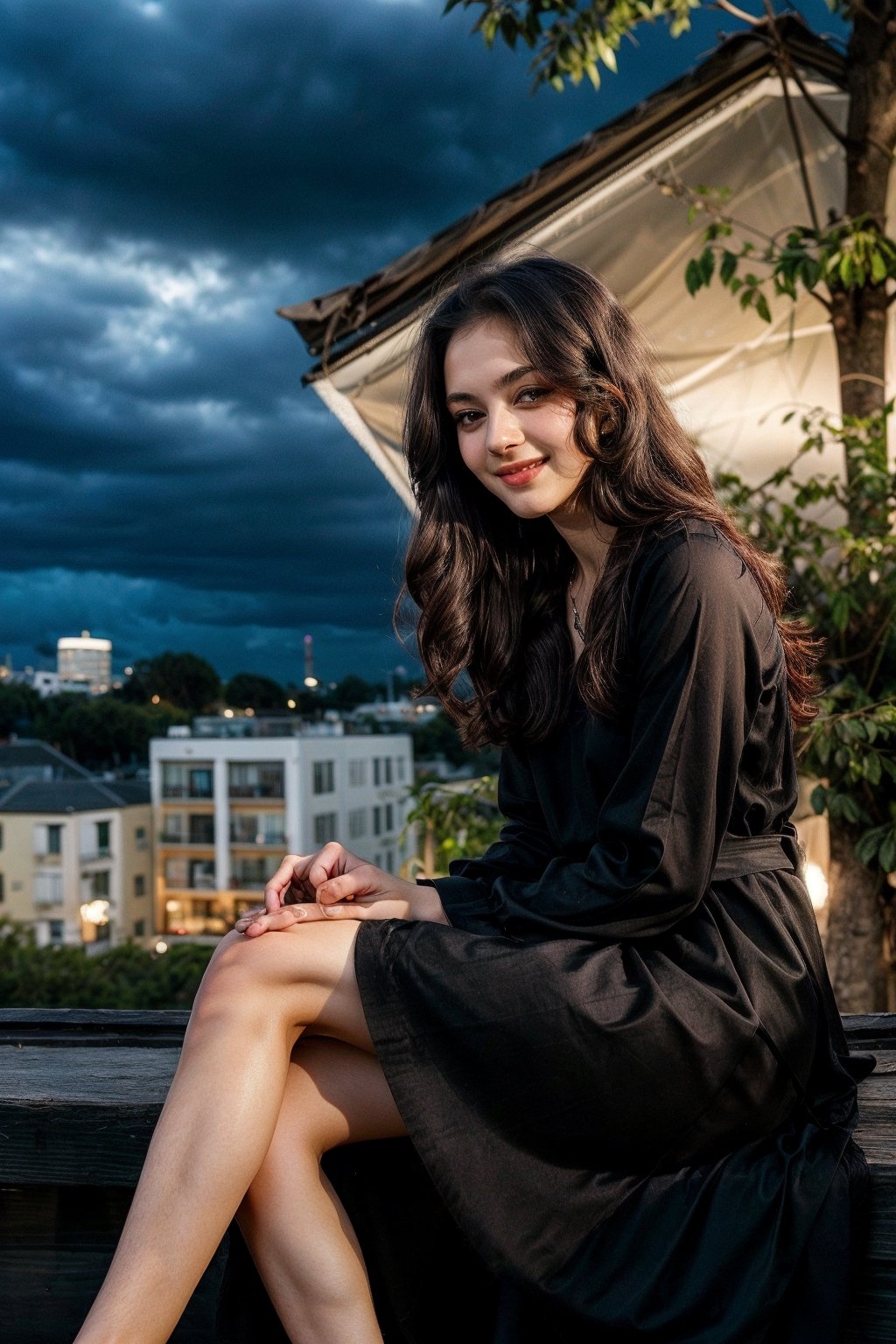 Lovely cute young attractive teenage girl, city girl, 18 years old, cute, an Instagram model, long black_hair, black hair one side, shy smile, black long frock dress, sitting in black roses gardan, dark sky