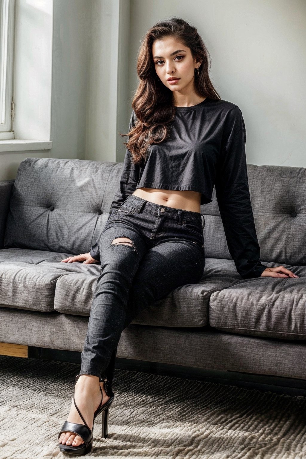 girl with black top and black jeans, black high_heels, sitting on sofa 