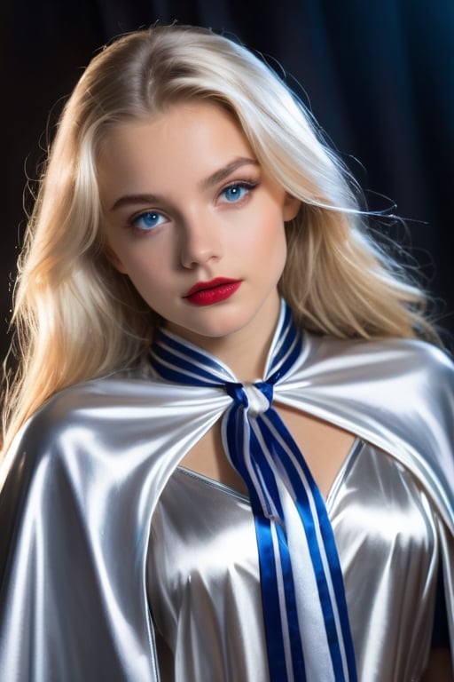 (RAW photo) , highly detailed , ultra realistic , vampire, beautiful, blonde hair, blue eyes, 18 years old adult , ((wearing long silver satin cloak tied at the neck with a ribbon)), skater skirt