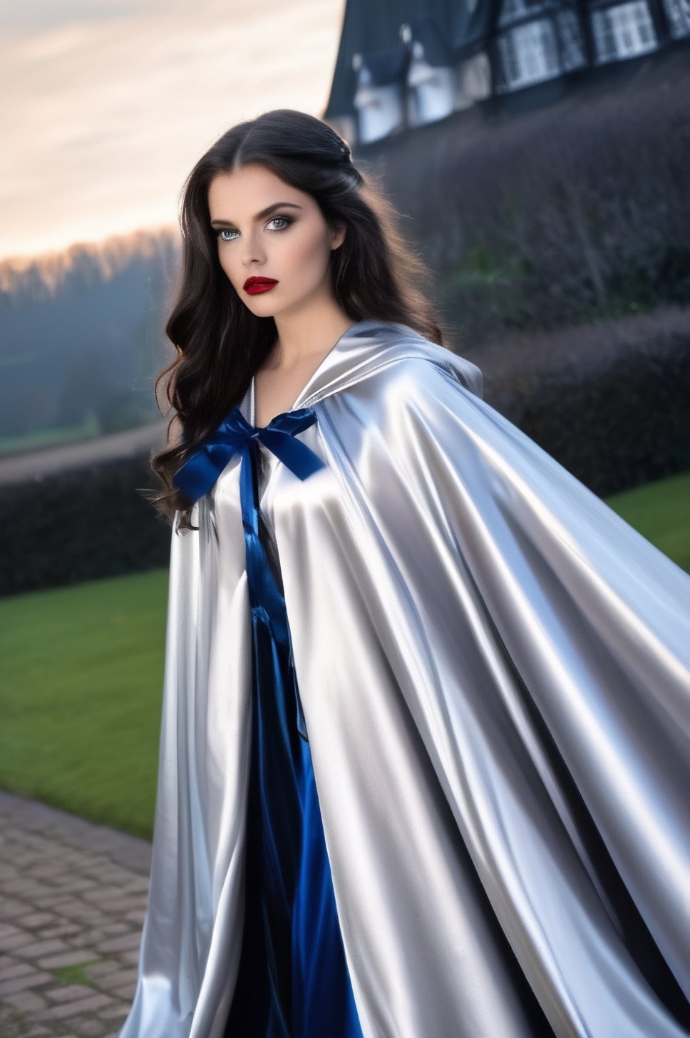 (RAW photo) , highly detailed , ultra realistic , vampire, beautiful, dark hair, blue eyes, 18 years old adult , ((wearing long silver satin cloak tied at the neck with a ribbon)), skater skirt, showing Vampire teeth