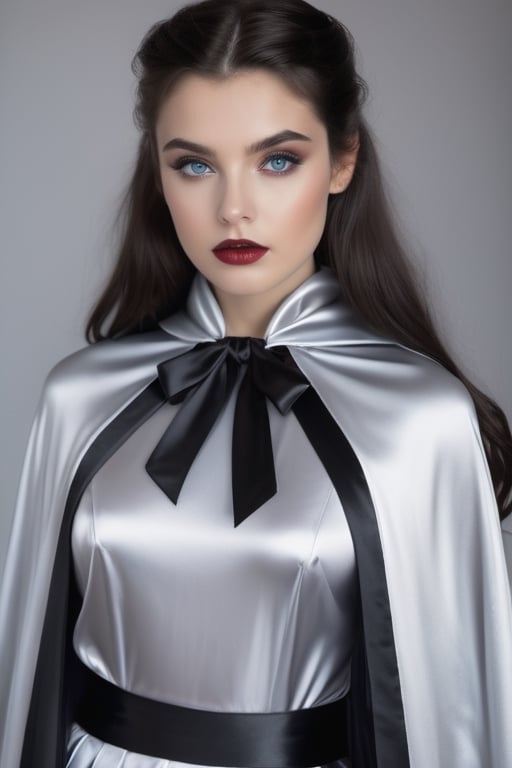 (RAW photo) , highly detailed , ultra realistic , vampire, beautiful, dark hair, blue eyes, 18 years old adult , ((wearing long silver satin cloak tied at the neck with a ribbon:1.15)), glossy pencil skirt