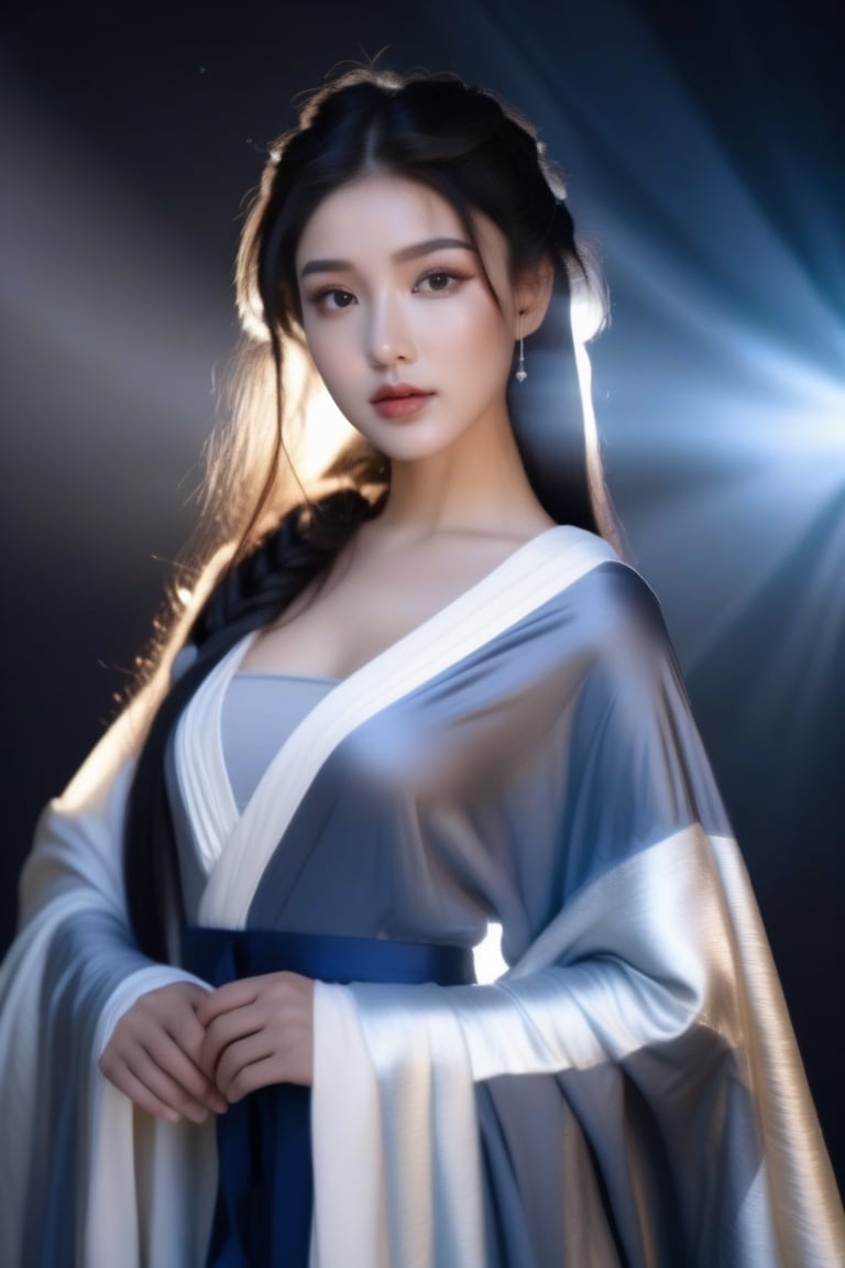 (RAW photo, best quality, masterpiece, ultra-detailed, high res), (realistic),(extremely delicate and beautiful:1), mesmerizing picture of beautiful girl with long black hair,, wearing a long silver satin cape tied at the neck with a ribbon , silver leotard and short skirt , highly detailed, extremely high-resolution details, photographic, realism pushed to extreme, fine texture, 4k, ultra-detailed, high quality, high contrast 