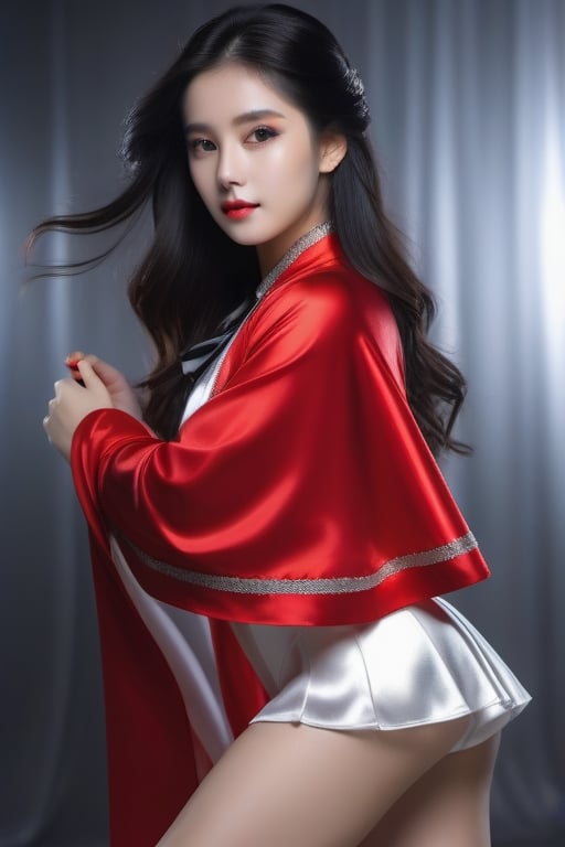 (RAW photo, best quality, masterpiece, ultra-detailed, high res), (realistic),(extremely delicate and beautiful:1), mesmerizing picture of beautiful girl with long black hair,, wearing a long silver and red lined satin cape tied at the neck with a ribbon , silver leotard and short skirt , highly detailed, extremely high-resolution details, photographic, realism pushed to extreme, fine texture, 4k, ultra-detailed, high quality, high contrast 