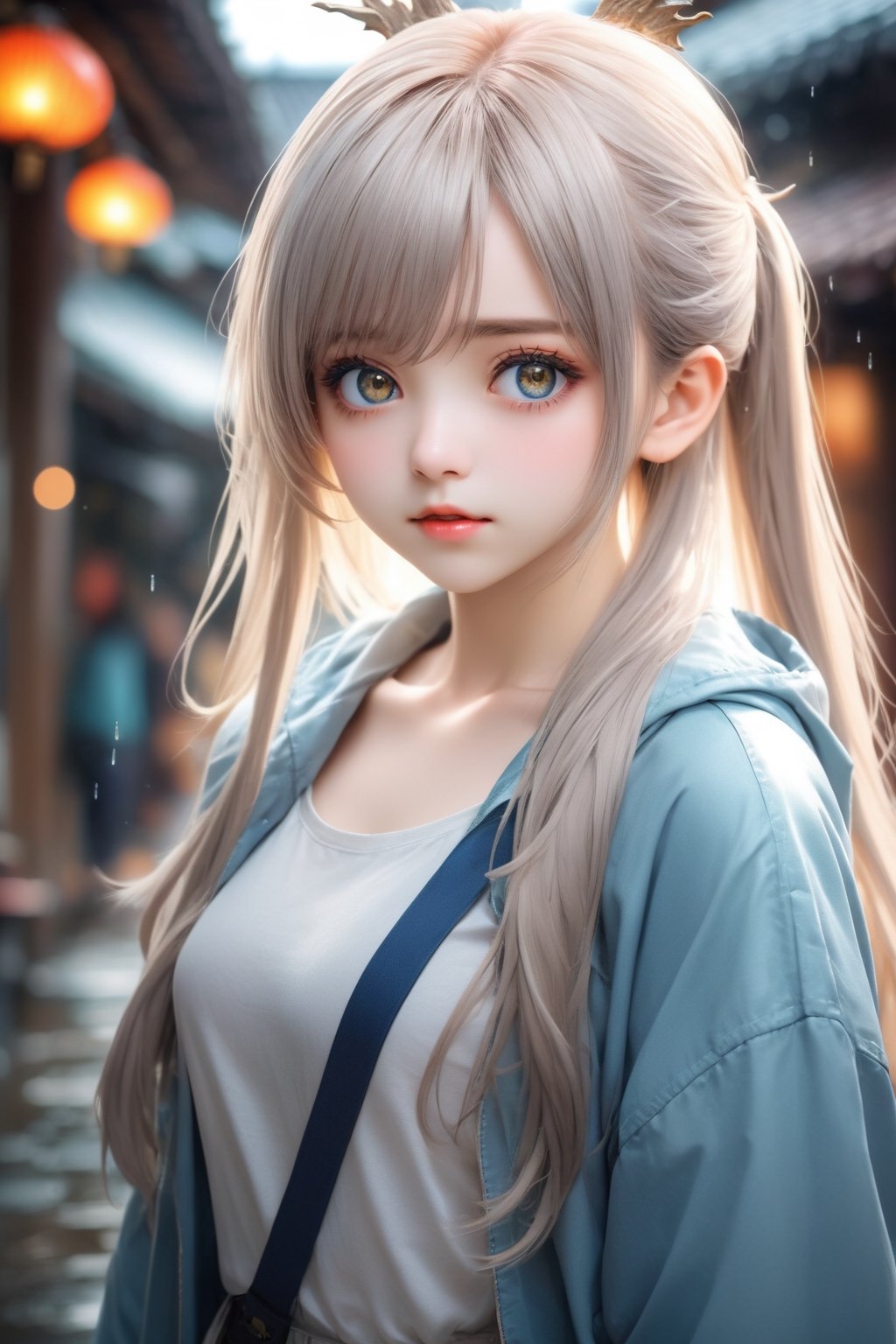 Best Quality, Masterpiece, Beautiful and Aesthetic, 16K, (HDR: 1.4), High Contrast, Bokeh: 1.2, Lens Flare, (Vivid Colors: 1.4), (Soft Colors, Dusky Colors, Soothing Tone :0), cinematic lighting, ambient light, side light, fine details and textures, cinematic lens, warm tones, (bright and intense: 1.2), wide angle lens, by playai, hyper-realistic illustration, Siena natural proportions, anime style,
((cute))(((elegant)))((charm))(((hazelnut straight hair)))((stunning)) upper body of ((portrait)), exquisite and realistic, movie lighting, cute girl, Realistic and detailed angelic round face, ((realistic and detailed hazelnut eyes)) looking sadly at the camera, portrait shot, side perspective, white background, aqua blue eye essence, silver-white hair, fairy ears, cute girlmix , (Fantasy theme: 1.4), ((The golden dragon in the background protects the beautiful girl)), full body perspective, cutegirlmix, a person is walking leisurely in the drizzle, surrounded by gray-blue sky and dim streets. They were wearing windbreakers, and the raindrops falling on the ground made a harmonious and soft sound.