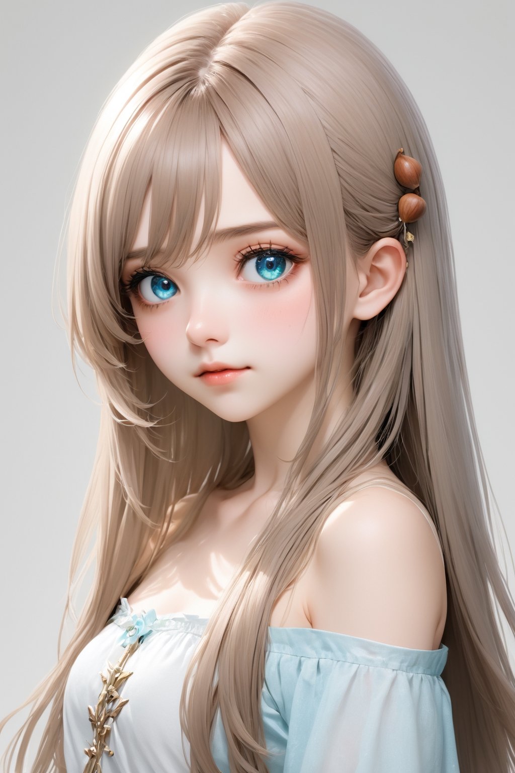 ((portrait)) of (((cute))) (((elegant))) ((attractive)) (((long, straight hazelnut hair))) ((stunning)) upper body, a beautifully realistic, cinematic lights, cute teen girl, realistic detailed angelic round face, ((realistic detailed hazelnut eye)) looks sadly at the camera, portrait shot, side perspective, white background, Aqua blue eye essence, Silvery-white hair,Goblin ears,Long ears