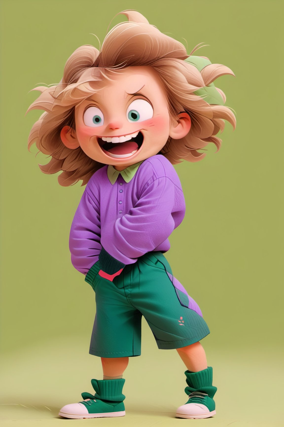 1boy, femboy, solo, looking at viewer, smile, medium lenght hair, blond hair, side bangs, blue eyes, open mouth, buck teeth. Purple shirt, collared shirt, long sleeves, arms at sides, green shorts, legwarmer white baggy socks, black shoes, standing, full body, pink background, simple background, ,<lora:659095807385103906:1.0>