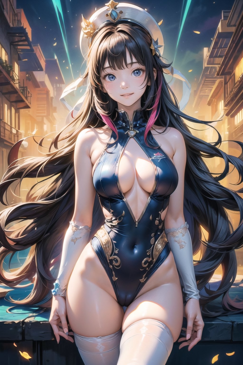 主：(((Thigh to upper body photo))), 
特：(((Colorful and magical doomsday city))), (masterpiece, highest quality, extreme detailed, best quality, official art, beautiful and aesthetic:1.2), (1girl), extreme detailed,(fractal art:1.3),colorful,highest detailed,High detailed,With a very high artistic composition style, 
髮：(((long hair))), 
服：((((Super transparent one-piece swimsuit made of white tulle))), (The white one-piece swimsuit has beautiful embroidery patterns on it),(((deep V low neckline))),(((compression stockings))),