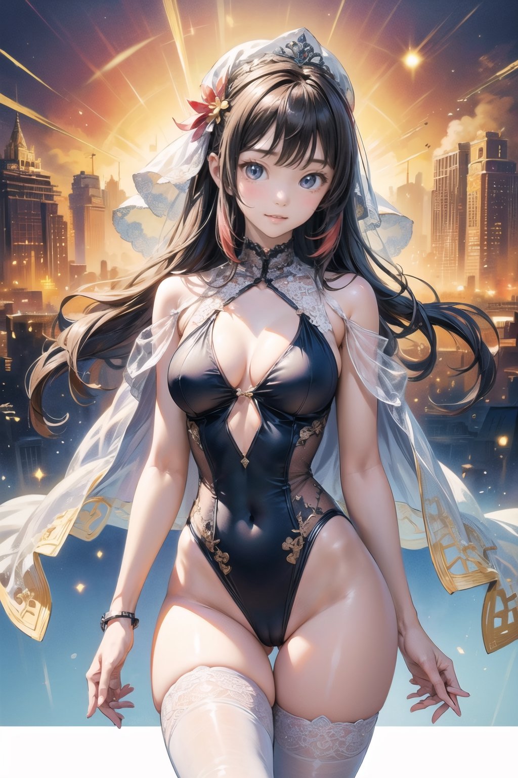 主：(((Thigh to upper body photo))), 
特：(((Colorful and magical doomsday city))), (masterpiece, highest quality, extreme detailed, best quality, official art, beautiful and aesthetic:1.2), (1girl), extreme detailed,(fractal art:1.3),colorful,highest detailed,High detailed,With a very high artistic composition style, 
髮：(((long hair))), 
服：((((Super transparent one-piece swimsuit made of white tulle))), (The white one-piece swimsuit has beautiful embroidery patterns on it),(((deep V low neckline))),(((compression stockings))),(((Transparent lace veil))),