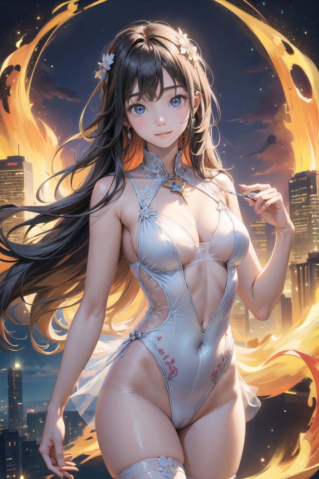 主：(((Thigh to upper body photo))), 
特：(((Colorful and magical doomsday city))), (masterpiece, highest quality, extreme detailed, best quality, official art, beautiful and aesthetic:1.2), (1girl), extreme detailed,(fractal art:1.3),colorful,highest detailed,High detailed,With a very high artistic composition style, 
髮：(((long hair))), 
服：((((Super transparent one-piece swimsuit made of white tulle))), (The white one-piece swimsuit has beautiful embroidery patterns on it),(((deep V low neckline))),(((compression stockings))),