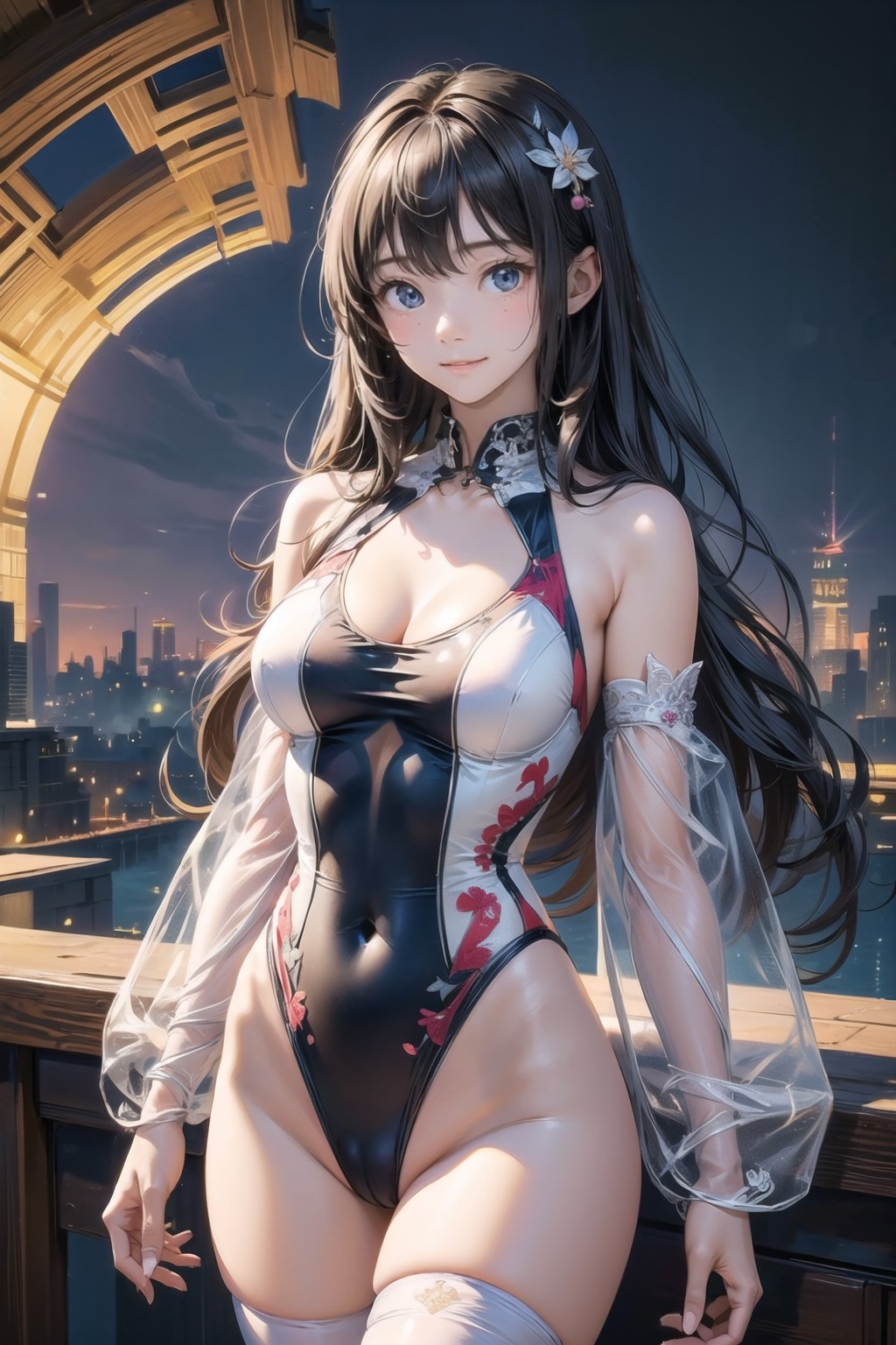 主：(((Thigh to upper body photo))), 
特：(((Colorful and magical doomsday city))), (masterpiece, highest quality, extreme detailed, best quality, official art, beautiful and aesthetic:1.2), (1girl), extreme detailed,(fractal art:1.3),colorful,highest detailed,High detailed,With a very high artistic composition style, 
髮：(((long hair))), 
服：((((Super transparent one-piece swimsuit made of white tulle))), (The white one-piece swimsuit has beautiful embroidery patterns on it),(((deep V low neckline))),(((compression stockings))),