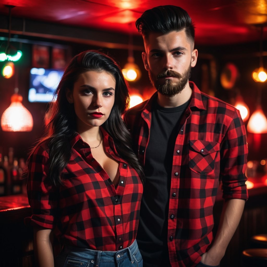 A 17year boy with a 20year girl,  black long quiff hair, black and red check shirt, moody lighting, best quality, full body portrait, real picture, intricate details, depth of field, in a mountain disco bar, night lighting, Fujifilm XT3, outdoors, bright day, Beautiful lighting, RAW photo, 8k uhd, film grain, unreal engine, big boobs, black short length beard