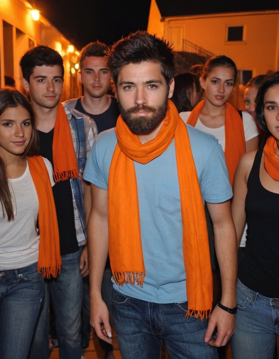 Amateur Cellphone photography photo of a group of girls and 1boy wearing random cloth, tshirt, shirt, jeans, 18years old, beard, Short beard, black beard, hair, hairstyle, long quiff hair, cover shoulders of a orange stole of all girls and 1boy, all girls and 1boy looking at viewer, texture, hyper realistic, detailed, Night, lighting, outdoor, club, random face of group of girls and 1boy, (freckles:0.2) . f8.0, samsung galaxy, noise, jpeg artefacts, poor lighting,  low light, underexposed, high contrast,
