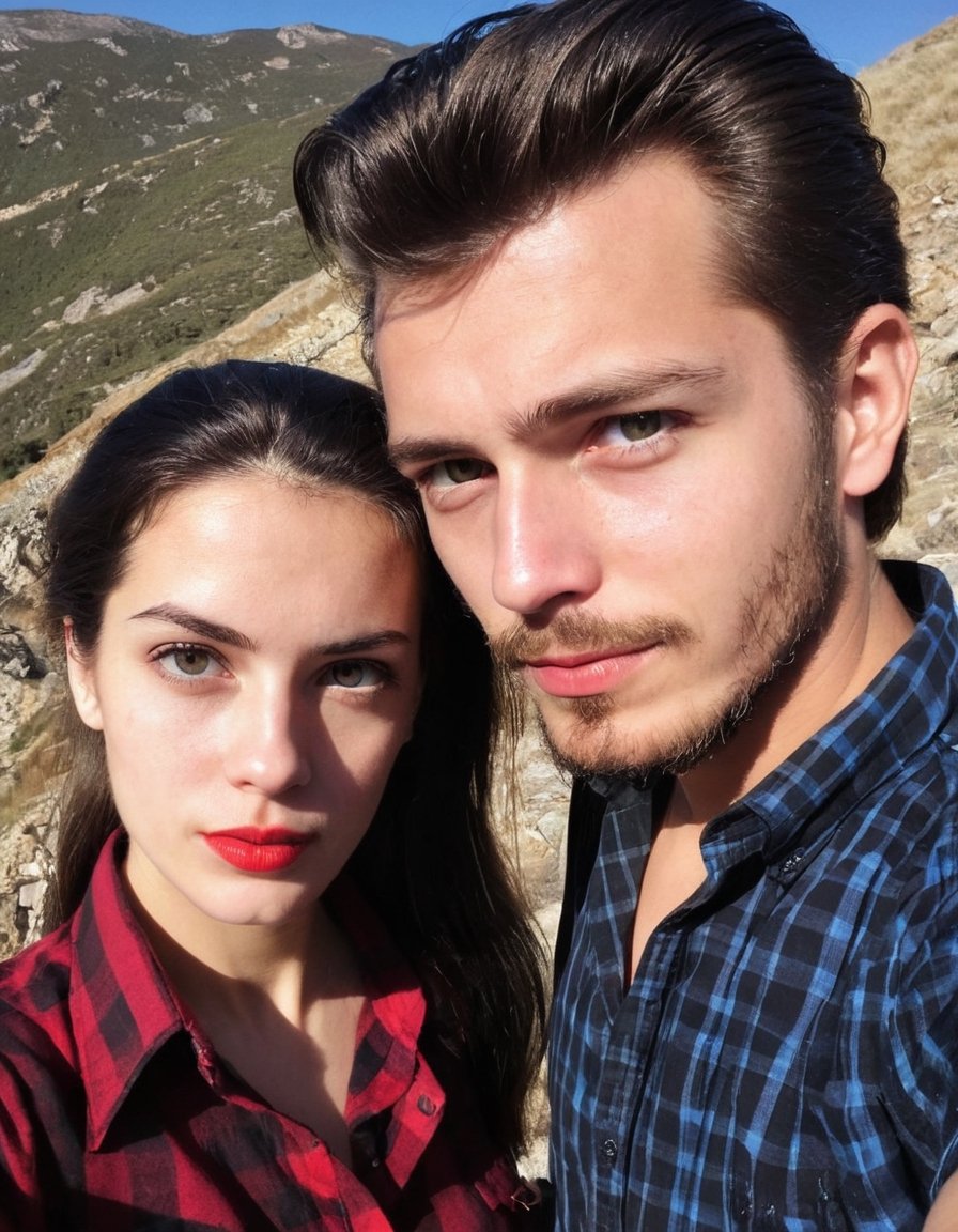 amateur cellphone photography 18 year old 
  boy with a beautiful  Spanish woman,  at mountain beautiful sunlight, day, . f8.0, samsung galaxy, noise, jpeg artefacts, poor lighting,  low light, underexposed, high contrast, black shirt rolled sleeves, red and black check shirt,  black stubble beard,  long quiff hairstyle, girl have blue eyes, and red lips, big boobs