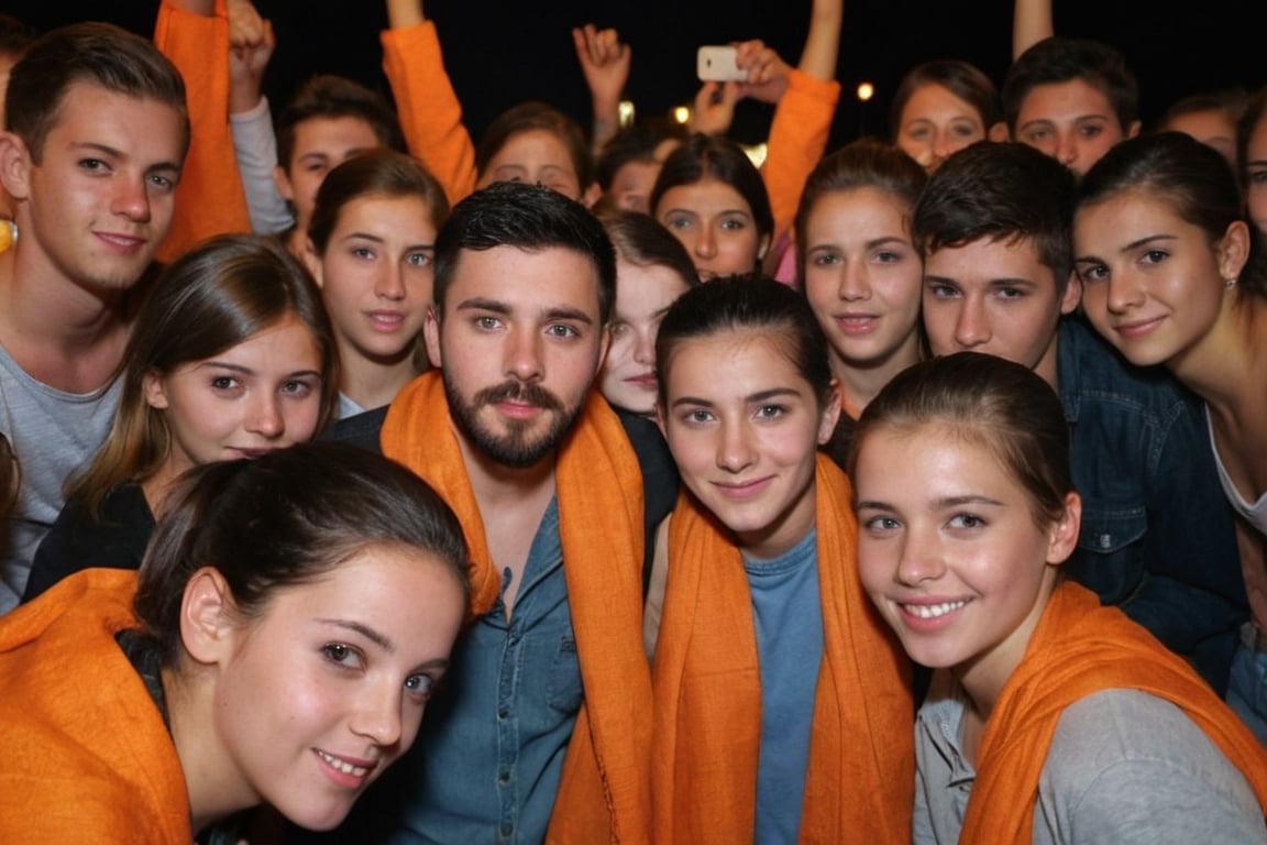 Amateur Cellphone photography photo of a group of girls and boys wearing random cloth, tshirt, shirt, jeans, 18years old, beard, Short beard, black beard, hair, hairstyle, long quiff hair, cover shoulders of a orange stole of all girls and boys, all girls and boys looking at viewer, texture, hyper realistic, detailed, Night, lighting, outdoor, club, random face of group of girls and boys, (freckles:0.2) . f8.0, samsung galaxy, noise, jpeg artefacts, poor lighting,  low light, underexposed, high contrast, all peoples 
18years old, all peoples shoulder are covered wity stole, outdoor, night, 
