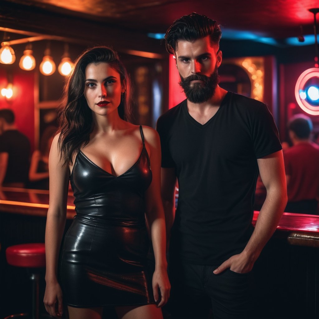 A 17year boy with a 20year girl,  normal black long quiff hair, black short length beard, black shirt, girl wear red slip, moody lighting, best quality, full body portrait, real picture, intricate details, depth of field, in a mountain disco bar, night lighting, Fujifilm XT3, outdoors, bright day, Beautiful lighting, RAW photo, 8k uhd, film grain, unreal engine, big boobs, ,Extremely Realistic,photo r3al