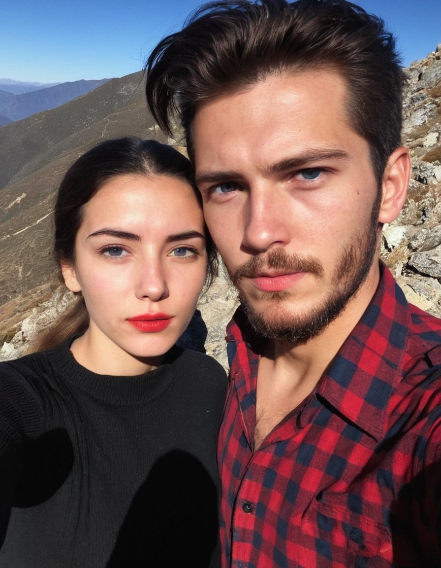 amateur cellphone photography 18 year old 
  boy with a beautiful  Spanish woman,  at mountain beautiful sunlight, day, . f8.0, samsung galaxy, noise, jpeg artefacts, poor lighting,  low light, underexposed, high contrast, black shirt rolled sleeves, red and black check shirt,  black stubble beard,  long quiff hairstyle, girl have blue eyes, and red lips,