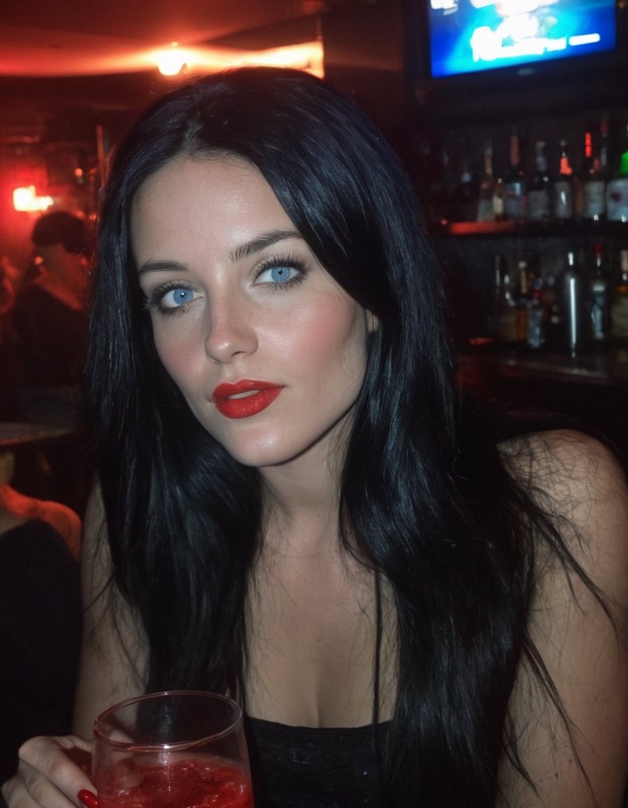 amateur cellphone photography  cute woman with long black hair at bar club, grey blue eyes,  (freckles:0.2) . f8.0, samsung galaxy, noise, jpeg artefacts, poor lighting,  low light, underexposed, high contrast, red lips, big boobs
