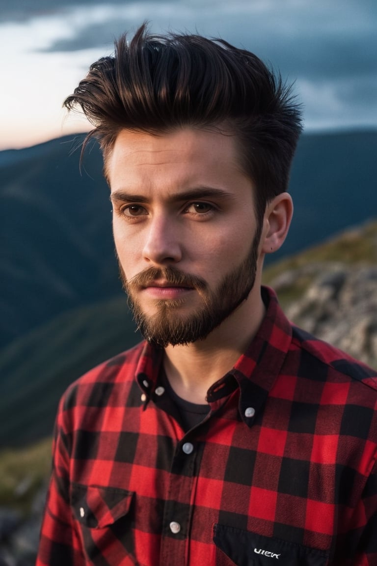 A 18year boy, a 20year girl,  black long quiff hair, black and red check shirt, moody lighting, best quality, full body portrait, real picture, intricate details, depth of field, in a mountain, night lighting, Fujifilm XT3, outdoors, bright day, Beautiful lighting, RAW photo, 8k uhd, film grain, unreal engine, big boobs, black medium length beard