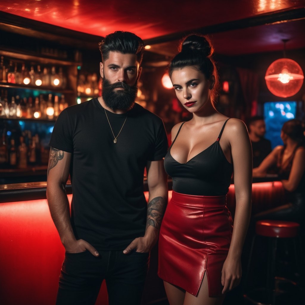 A boy and a girl  normal black long quiff hair, black beard, black shirt, girl wear red slip, moody lighting, best quality, full body portrait, real picture, intricate details, depth of field, in a mountain disco bar, night lighting, Fujifilm XT3, outdoors, bright day, Beautiful lighting, RAW photo, 8k uhd, film grain, unreal engine, big boobs