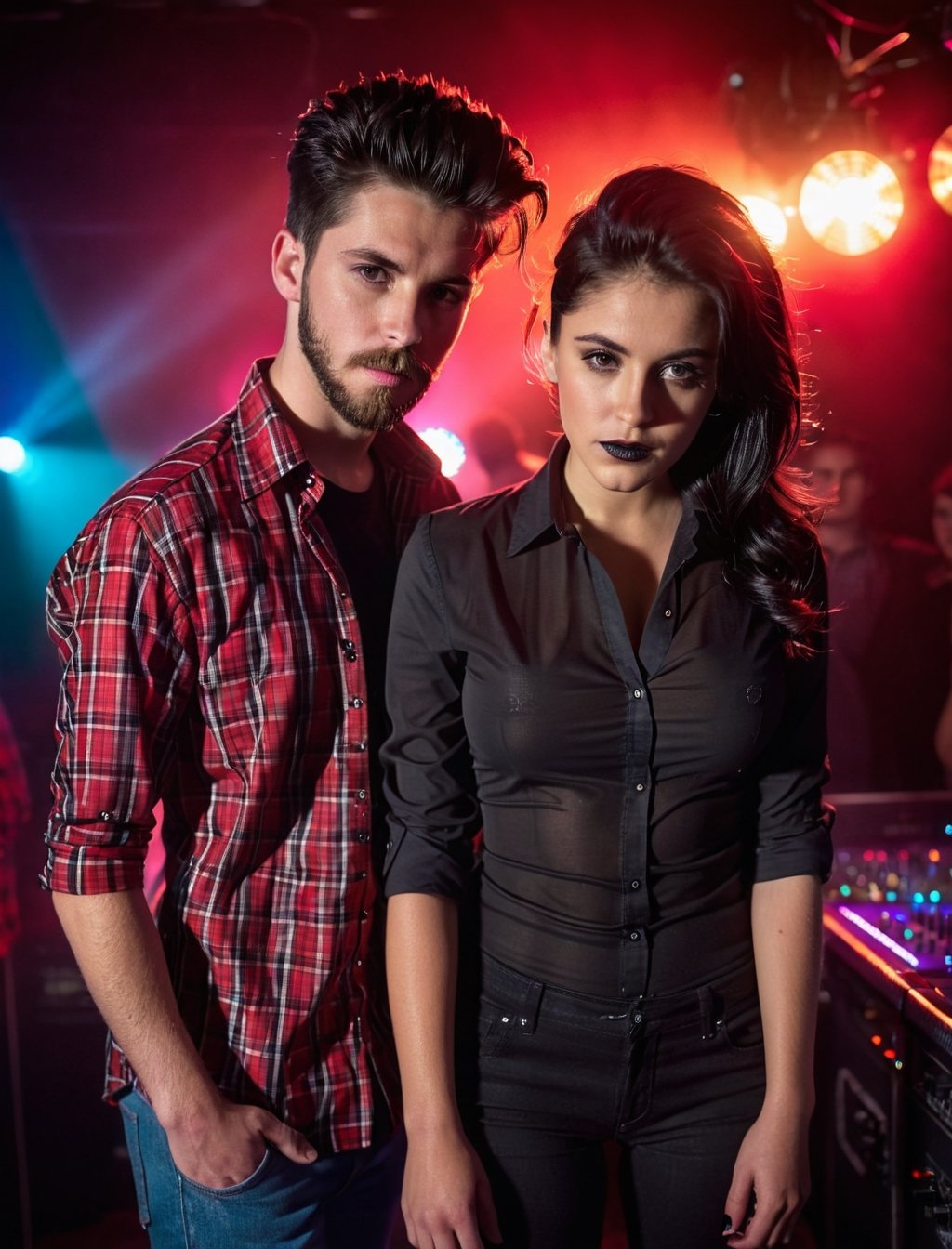 17 years old a boy, with a girl,  normal black long quiff hair, black short beard, black shirt, girl wear  tight red and black check shirt, moody lighting, best quality, full body portrait, real picture, intricate details, depth of field, in a disco, night lighting, Fujifilm XT3, outdoors, bright day, Beautiful lighting, RAW photo, 8k uhd, film grain, unreal engine, big boobs,Indian Model