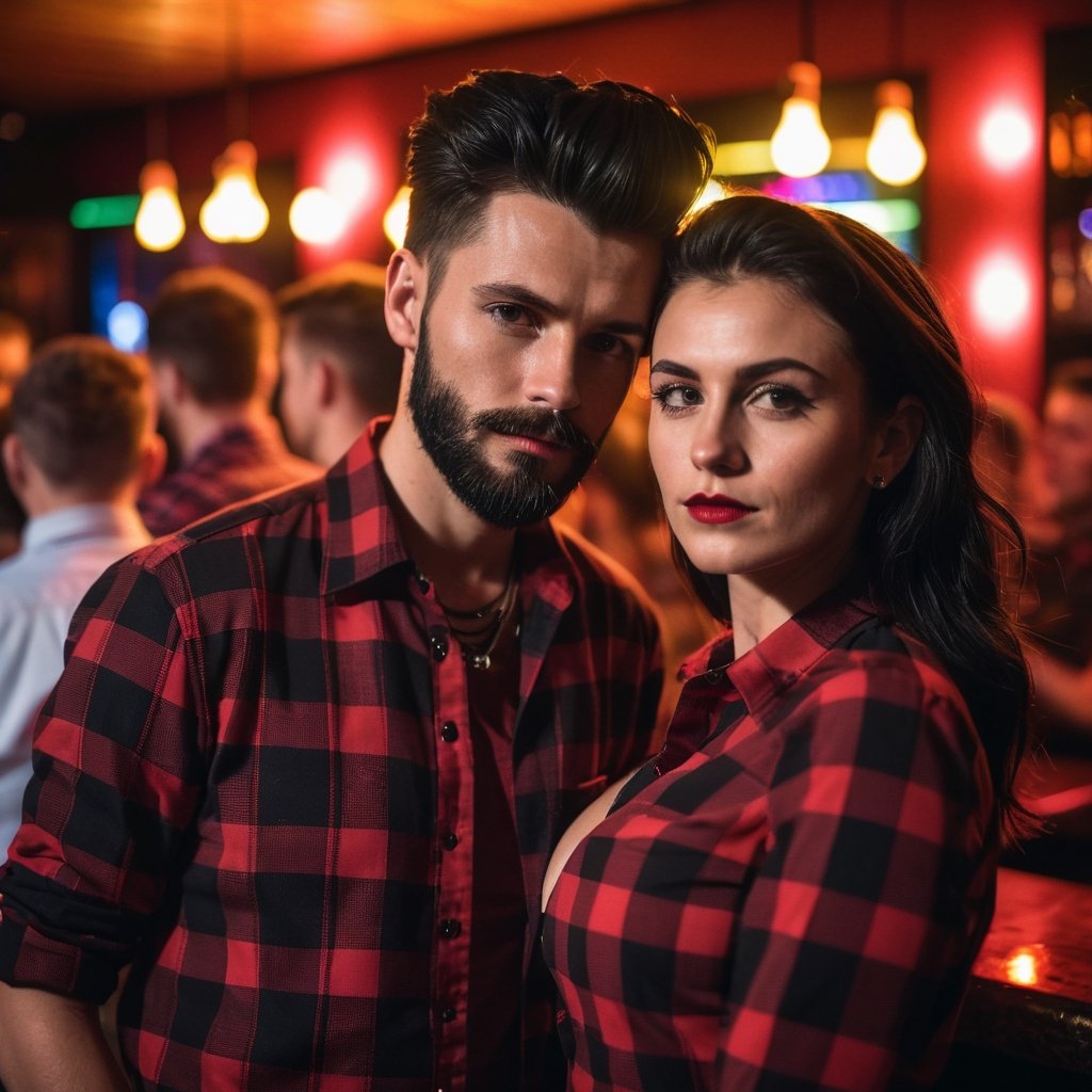 A 17year boy with a 20year girl,  black long quiff hair, black short length beard, black and red check shirt, moody lighting, best quality, full body portrait, real picture, intricate details, depth of field, in a mountain disco bar, night lighting, Fujifilm XT3, outdoors, bright day, Beautiful lighting, RAW photo, 8k uhd, film grain, unreal engine, big boobs, 