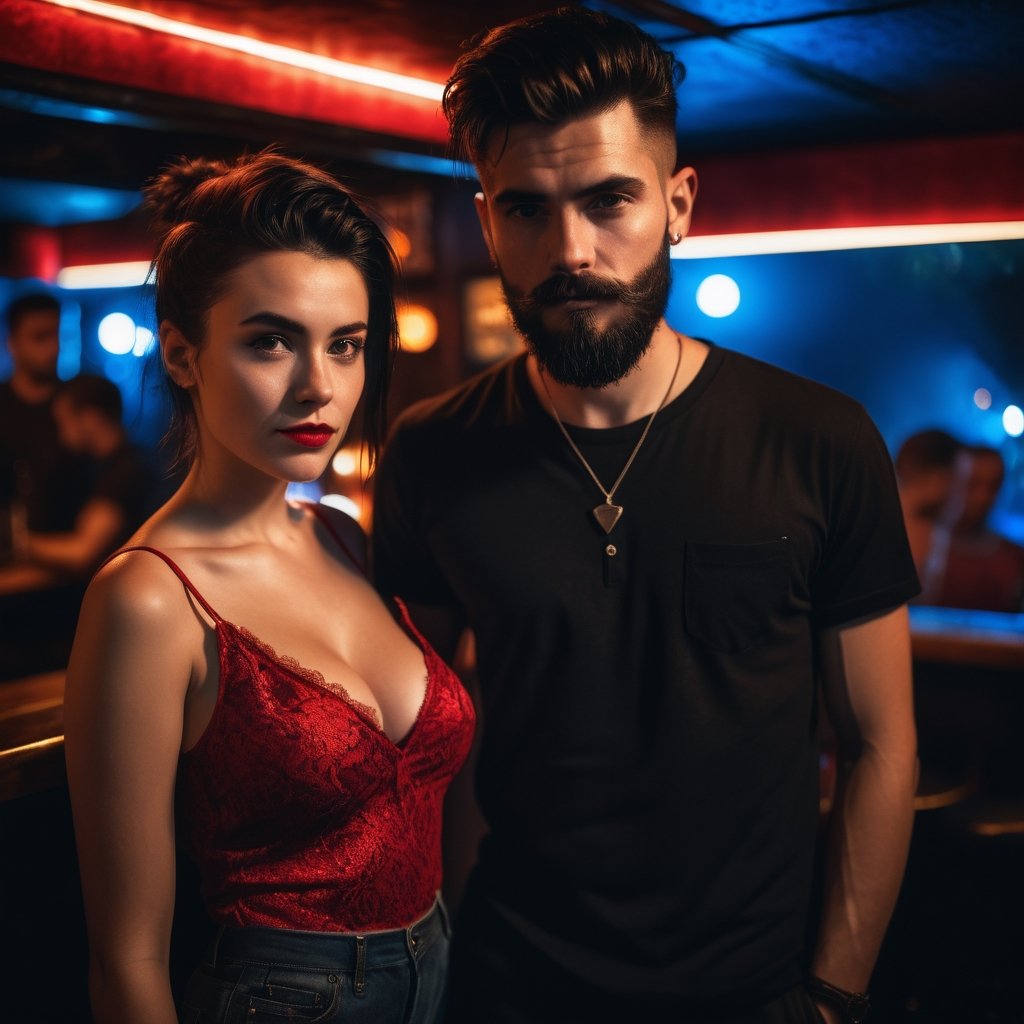 A 17year boy with a 20year girl,  normal black long quiff hair, black short length beard, black shirt, girl wear red slip, moody lighting, best quality, full body portrait, real picture, intricate details, depth of field, in a mountain disco bar, night lighting, Fujifilm XT3, outdoors, bright day, Beautiful lighting, RAW photo, 8k uhd, film grain, unreal engine, big boobs, ,Extremely Realistic,photo r3al