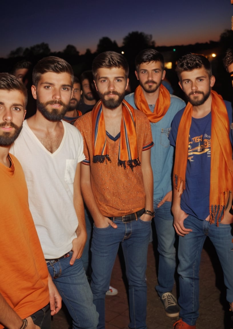 Amateur Cellphone photography photo of a group of boys wearing random cloth, tshirt, shirt, jeans, 17 years old, beard, Short beard, black beard, hair, hairstyle, long quiff hair, cover shoulder of a orange stole of all boy, all boys looking at viewer, texture, hyper realistic, detailed, Night, lighting, outdoor, club, random faces