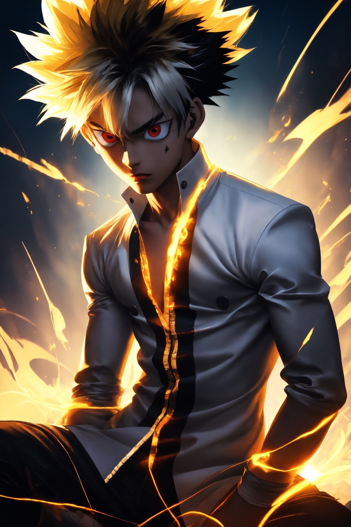 (masterpiece, best quality, highres:1.3), ultra resolution image, (1girl), (male), (fighting), eyes glinting, powerful charm, (spectral chic:1.2), toughest guy, glitter, ohterworldly energy, mood of the vitality, heaven, all naked, no clothe, (touya todoroki in My Hero Academia ), muscular man, shiny yellow hair,cute blond boy,solo, looking at viewer, shirt, white hair, 1boy, jacket, white shirt, upper body, male focus, artist name, necklace, piercing, spiked hair, ground vehicle, meme, burn scar, car interior