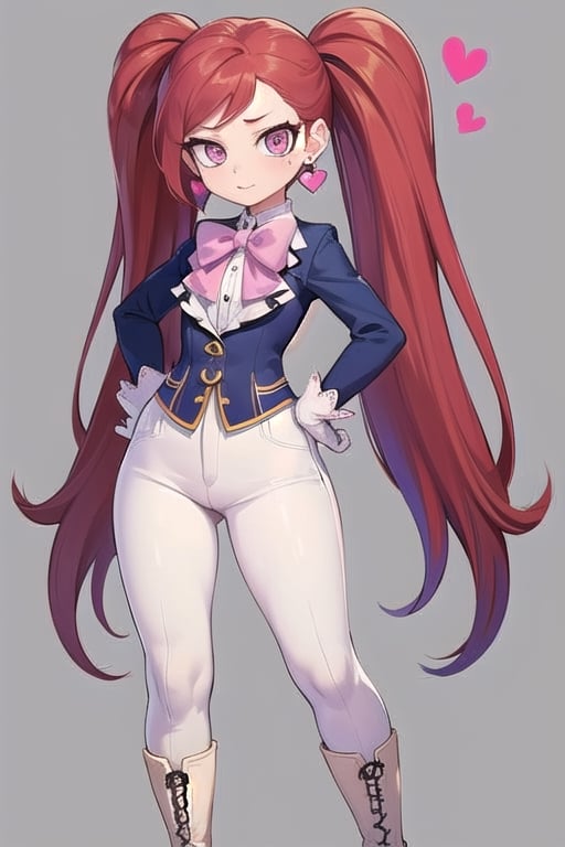 ultra-detailed, masterpiece, highest quality,(la brava:1.5)my hero academi,1girl, solo, long hair, looking at viewer, simple background, gloves, bow, twintails, jewelry, very long hair, standing, full body, heart, red hair, earrings, boots, pants, white gloves, bowtie, pink eyes, hand on hip, black background, heart earrings, oversized white pants,(Manami Aiba),