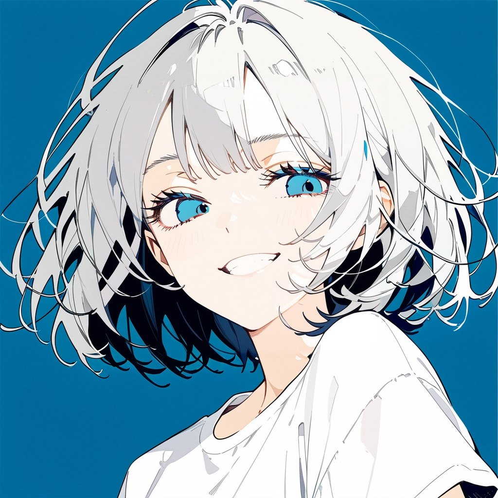 1girl, Monochromatic background,portrait, 
masterpiece, best quality,2D,flat color,illustration,anime
White hair, slightly longer bob cut, oversized white T -shirt, dull, blue and beautiful eyes, grinning