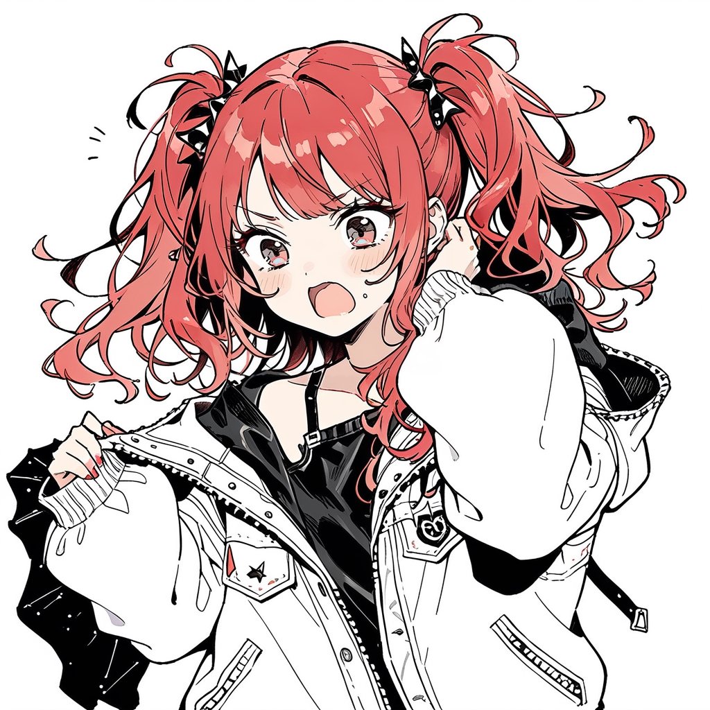 1girl,edgy girl, punk,rock'n'roll,red_hair,twin tail,
 ,jacket, hair twirling, embarrassed,
masterpiece,  best quality,  aesthetic,line art,