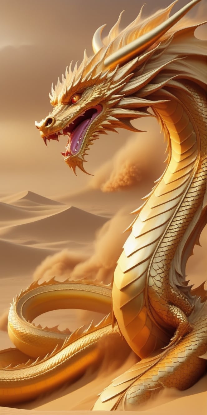 Generate hyper realistic image of a dragon amidst a swirling desert sandstorm, its scales blending seamlessly with the golden sands. Showcase the dragon as a guardian of ancient secrets, with the storm creating a veil of mystery and revealing glimpses of ancient ruins in the background.up close , 4k,style,Dragon,dripping paint,golden dragon,<lora:659095807385103906:1.0>