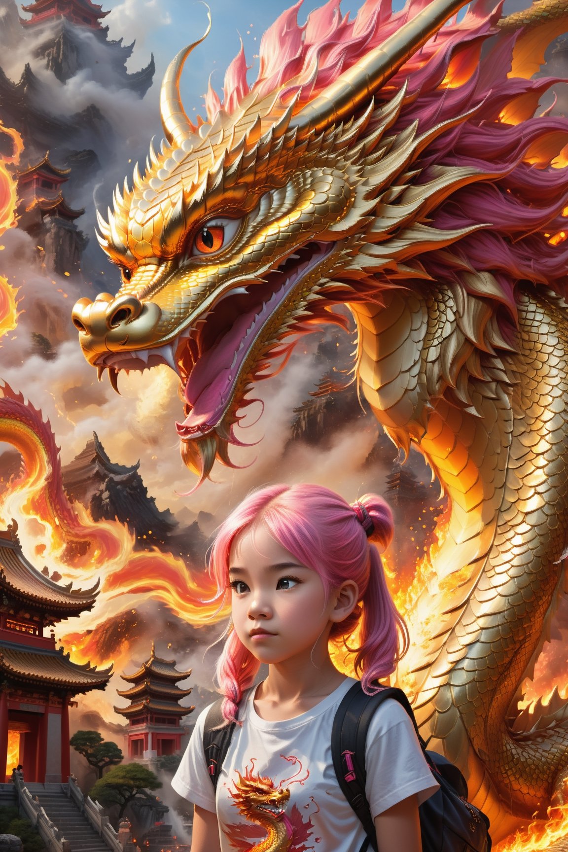 A young girl with a backpack and pigtails watches a Massive golden Dragon Destroying a chinese temple vilage, an epic fearsome dragon. This mesmerizing image, portrayed through a vivid painting, captures theterror  and danger of the encounter. The pink hair  gleams brightly, the fire-breathing beast. the young girl is stood in fear, reflects the intense light of the fiery backdrop, emphasizing the determination in his eyes. The dragon, exuding menace, boasts menacing scales with a teardrop of molten lava dripping from its serrated jaw. With flawless brushstrokes and remarkable attention to detail, this masterpiece engulfs viewers in the awe-inspiring clash of man versus beast. soft bokeh,golden dragon