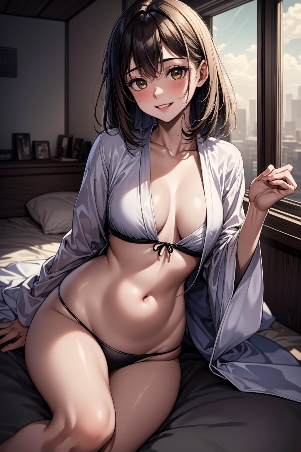 (masterpiece, best quality, highres:1.3), (1girl:1.3), ((solo)), Japanese bedroom, joyful, looking at camera, old photo filter, yellowed photo, happy, reminiscent, nostalgic, memory, nudefrom the front showing the belly
