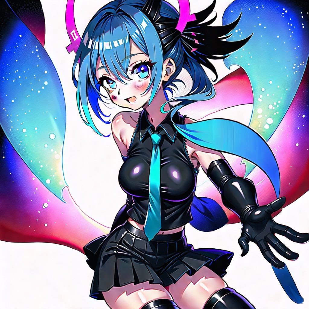 1girl, solo, long hair, looking at viewer, smile, open mouth, bangs, skirt, simple background, shirt, hair ornament, thighhighs, hair between eyes, bare shoulders, twintails, very long hair, blue hair, white shirt, cowboy shot, pleated skirt, detached sleeves, necktie, sleeveless, collared shirt, black thighhighs, miniskirt, black skirt, aqua eyes, zettai ryouiki, sleeveless shirt, aqua hair, headphones, pink background, outstretched arm, hand on own chest, grey shirt, red background, headset, blue necktie, outstretched hand, black sleeves, aqua necktie, hatsune miku,big breasts,fat thighs, transparent background,retroartstyle