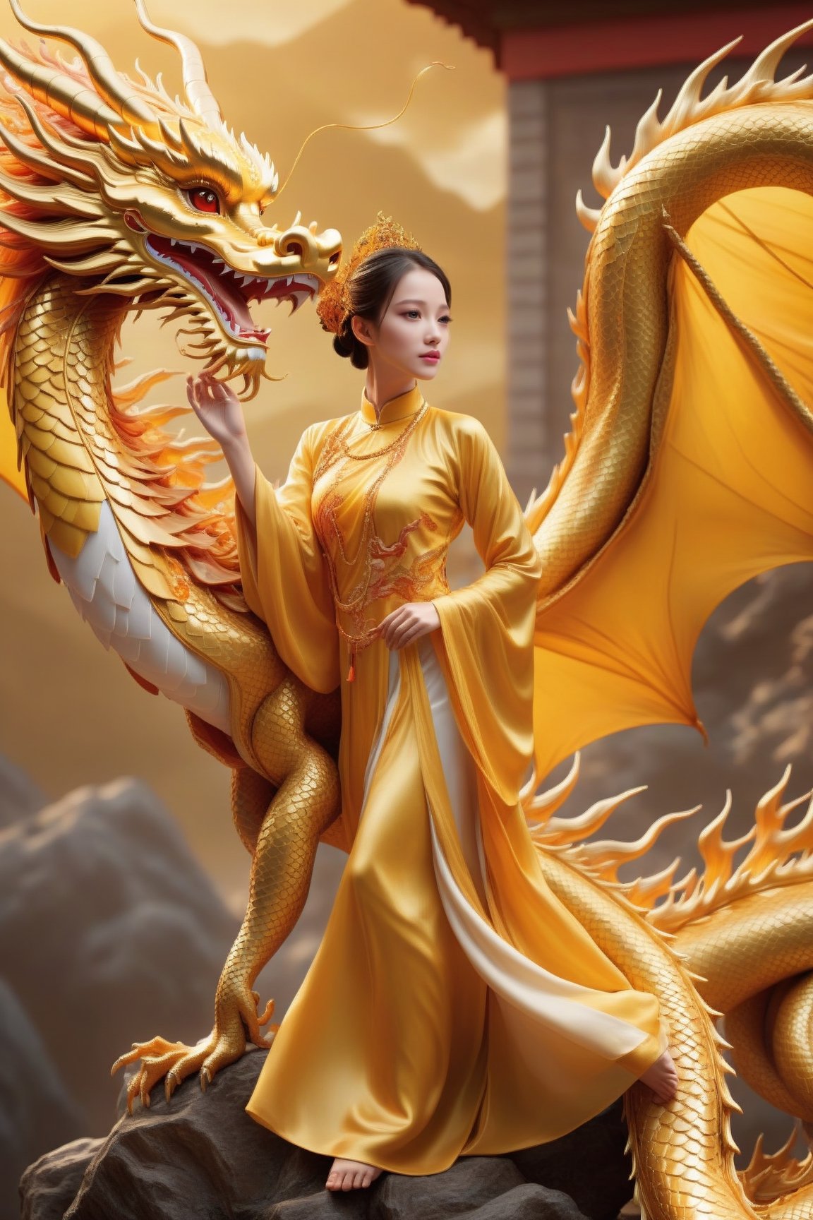 elegant young girl, traditional golden dragon, vibrant colors, majestic pose, flying motion, intricate dragon scales, flowing garments, silk textures, celestial background, ornate details, fantasy theme, ethereal atmosphere, dynamic composition, rich cultural elements, mythical vibe, (masterpiece: 2), best quality, ultra highres, original, extremely detailed, perfect lighting,Chinese Dragon,Katon,aotac,daxiushan,golden dragon