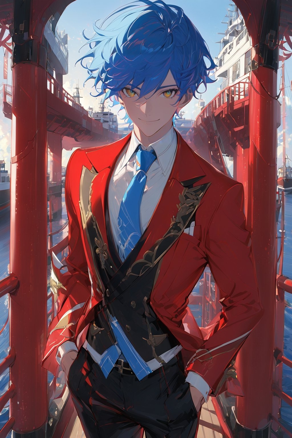 1 boy, alone, short hair, blue hair, wavy hair, pixie cut, bangs, yellow eyes, smile, red suit, red jacket, black vest, white shirt, black pants, blue tie, decorated clothes, perfect light, port, niji5, cowboy shot