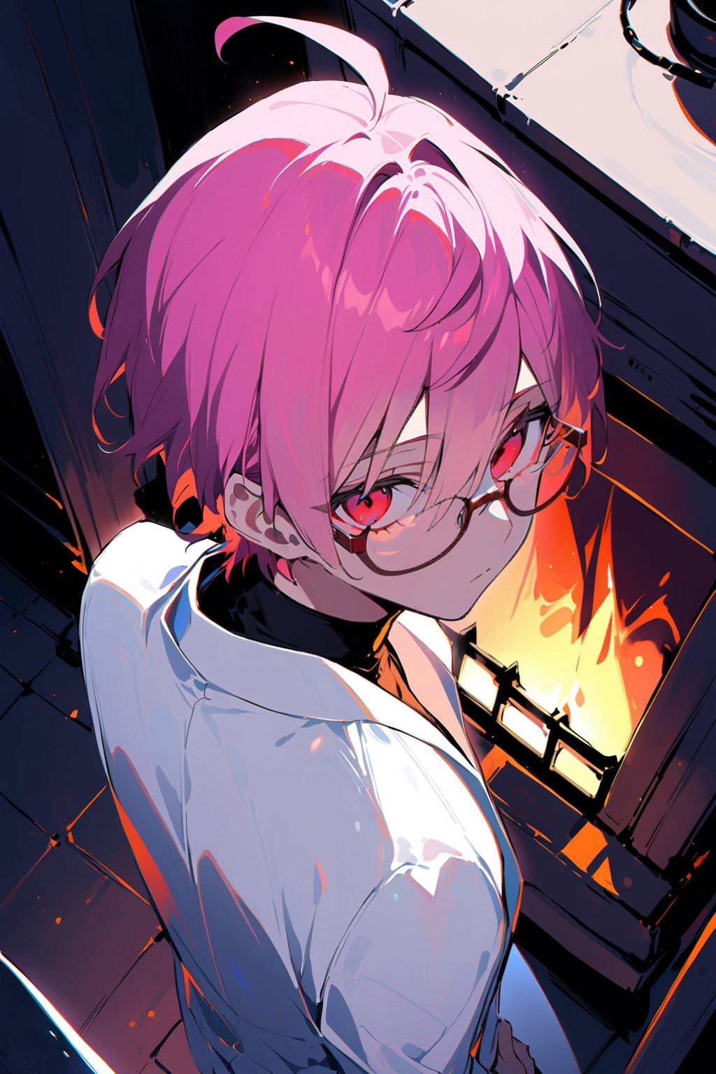 1 boy, alone, ((short hair)), pink hair, bangs, ahoge, red eyes, expressionless, glasses, white suit, white jacket, black shirt, white pants, decorated clothes, perfect light, fireplace, from above