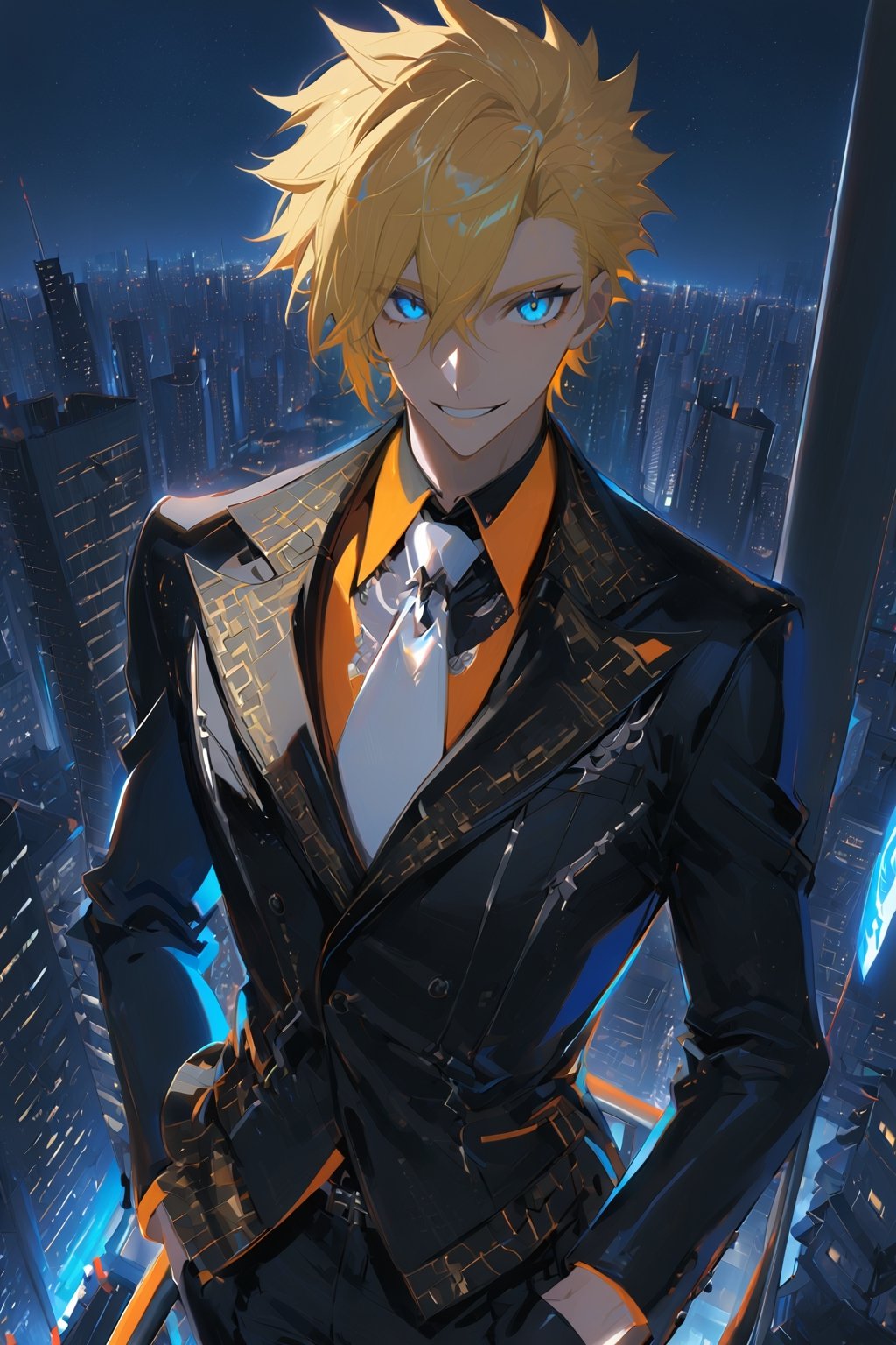 1 boy, alone, short hair, blonde hair, spiked hair, pixie cut, bangs, pale blue eyes, smile, black suit, black jacket, white vest, orange shirt, black pants, white tie, decorated clothes, perfect light, city , at night, niji5, cowboy shot