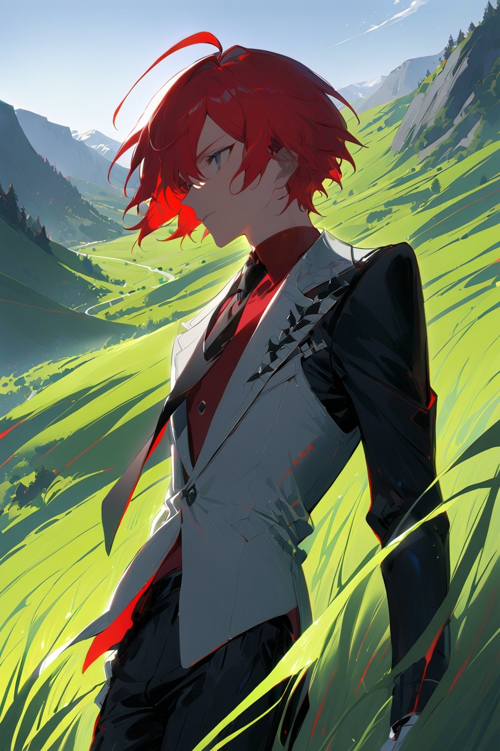 1 boy, alone, short hair, red hair, pixie cut, bangs, ahoge, gray eyes, expressionless, black suit, black tie, black jacket, white vest, red shirt, black pants, white gloves, decorated clothes, perfect light, hills, green grass,niji5, from below
