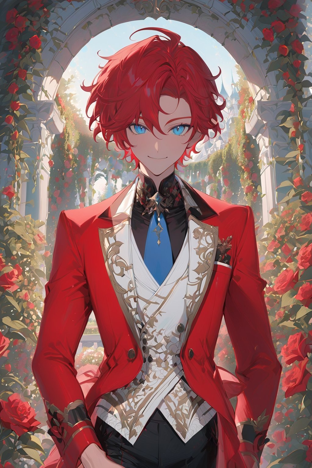 1 boy, alone, short hair, red hair, wavy hair, pixie cut, open forehead, ahoge, pale blue eyes, smile, red suit, red jacket, white vest, black shirt, black pants, blue tie, decorated clothes, light perfect, rose garden, niji5, cowboy shot