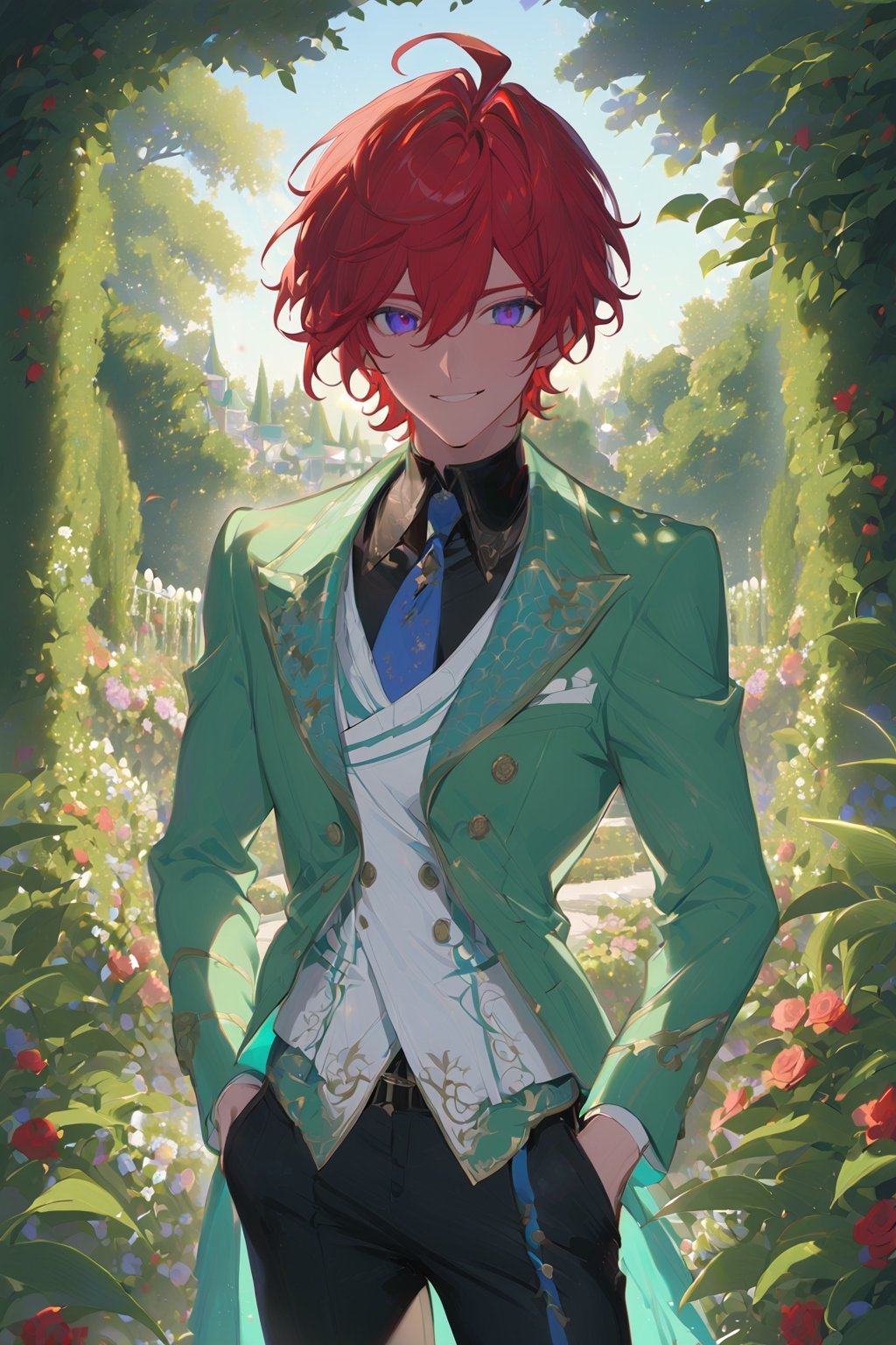 1 boy, alone, short hair, red hair, wavy hair, pixie cut, bangs, ahoge, purple eyes, smile, green suit, green jacket, white vest, black shirt, black pants, blue tie, decorated clothes, perfect light, rose garden, niji5, cowboy shot