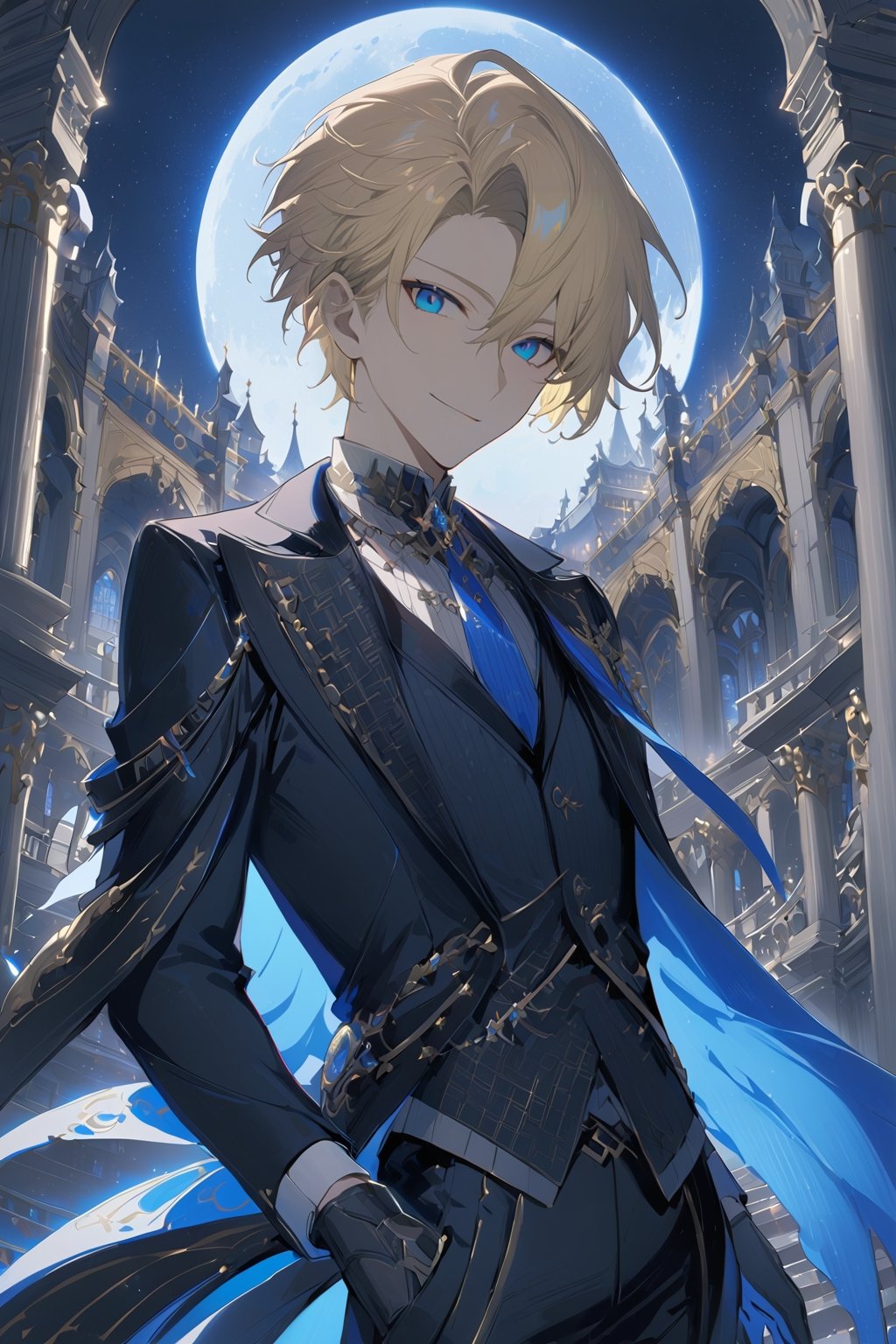 1 boy, alone, short hair, pale blonde hair, pixie cut, hair open forehead, dark blue eyes, smile, black suit, blue tie, black jacket, gray vest, white shirt, black pants, gray gloves, decorated clothing, light perfect, palace, night city, moon, niji5, cowboy shot